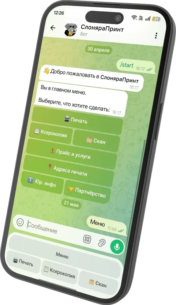Интерфейс Telegram-бота СлоняраПринт